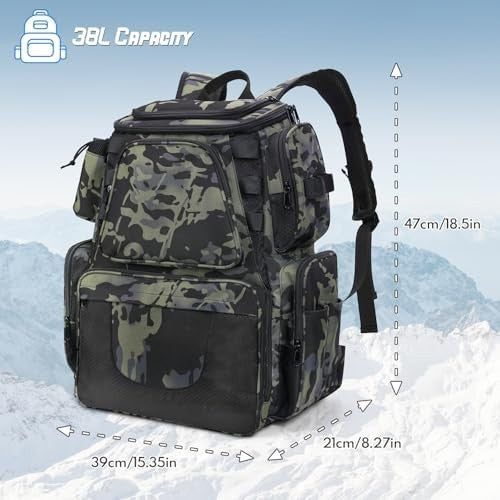 38L Fishing Tackle Backpack Waterproof with Rod Holder for Hiking & Travel