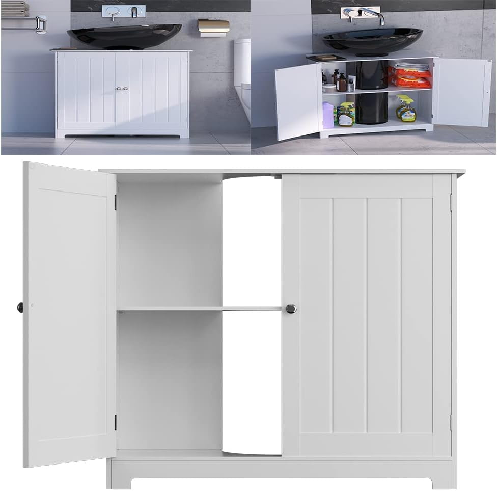 White Under Sink Bathroom Cabinet 60x30x60cm Waterproof Storage Cupboard