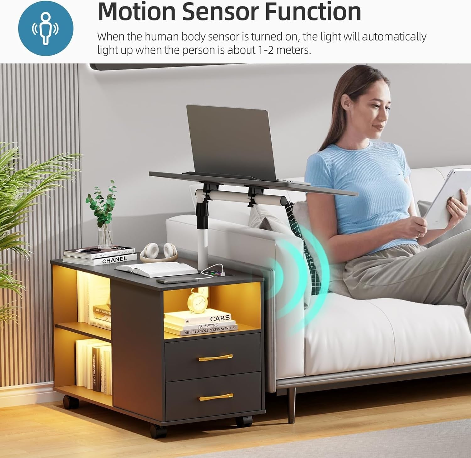 360° LED Smart Bedside Table with Laptop Tray, Wireless Charging & Storage