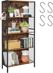 5-Tier Rustic Bookshelf with Hooks | Industrial Storage Shelving for Home Office
