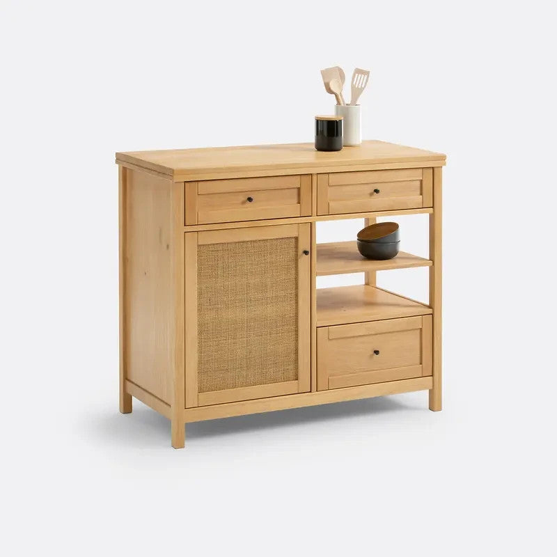 Solid Pine & Rattan Storage Cabinet with Drawers & Shelves