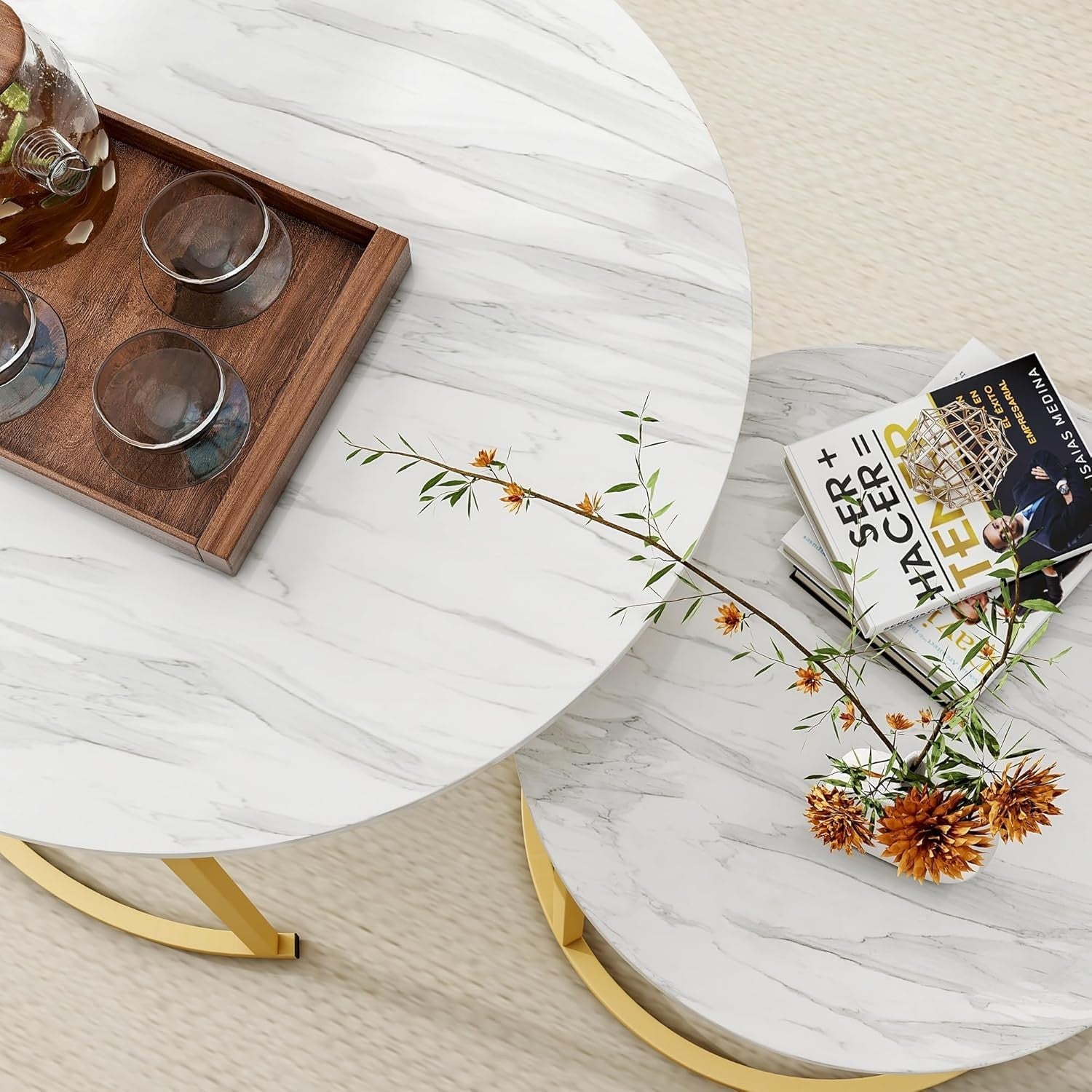 Round Nesting Coffee Table Set of 2 – Space-Saving Living Room Side Tables Gold