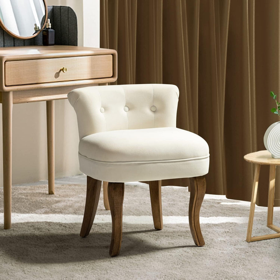 Ivory Velvet Vanity Stool – Low Back Upholstered Makeup Chair with Wood Legs