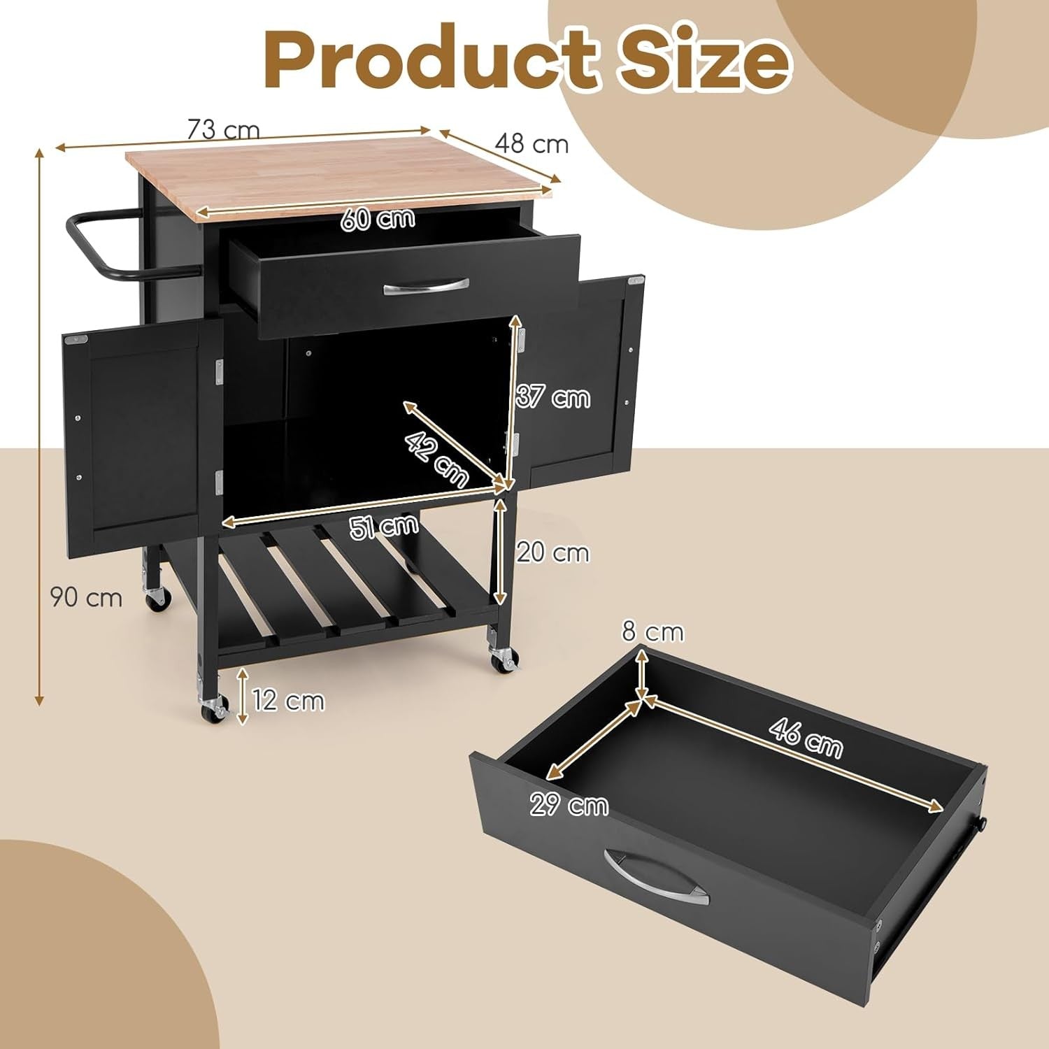 Kitchen Island Cart on Wheels Storage Cabinet Drawer Shelf Rubber Wood Top