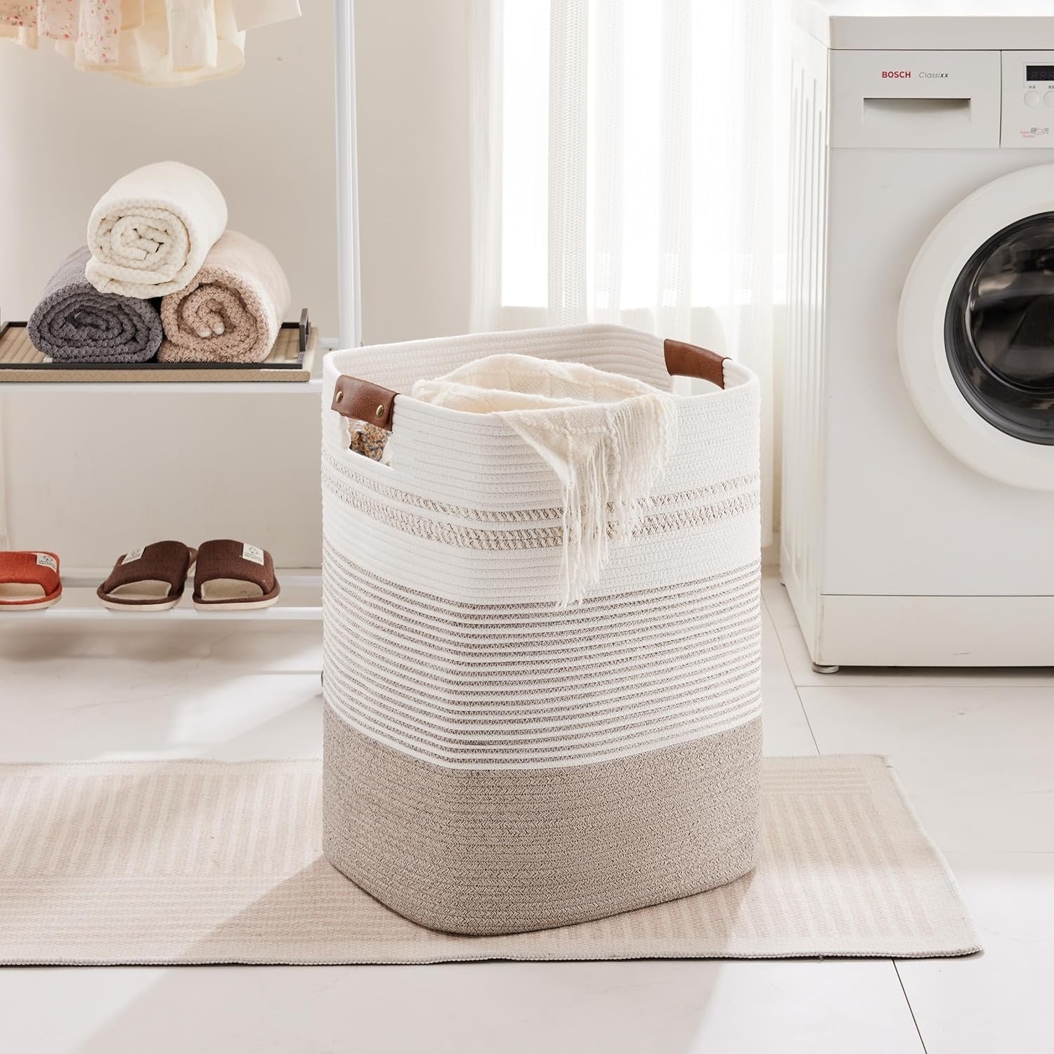 85L Large Woven Laundry Hamper with Handles, Tall Rope Basket for Blankets & Clo