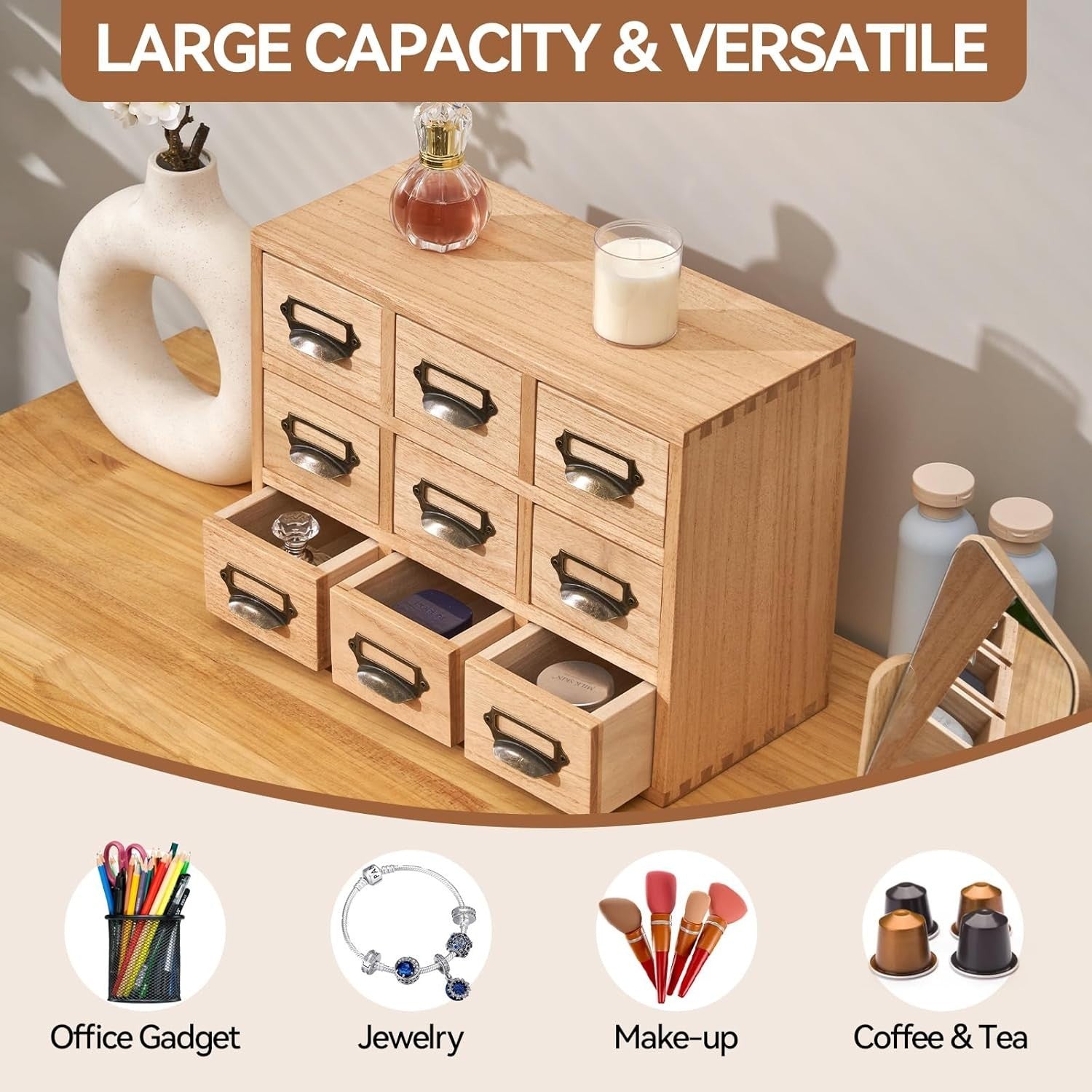 Wooden Desk Drawer Organizer 9 Mini Drawers Home Office Storage Chest