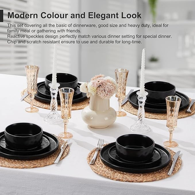 12 Piece Matte Black Stoneware Dinner Set for 4 Reactive Glaze Plates Bowls