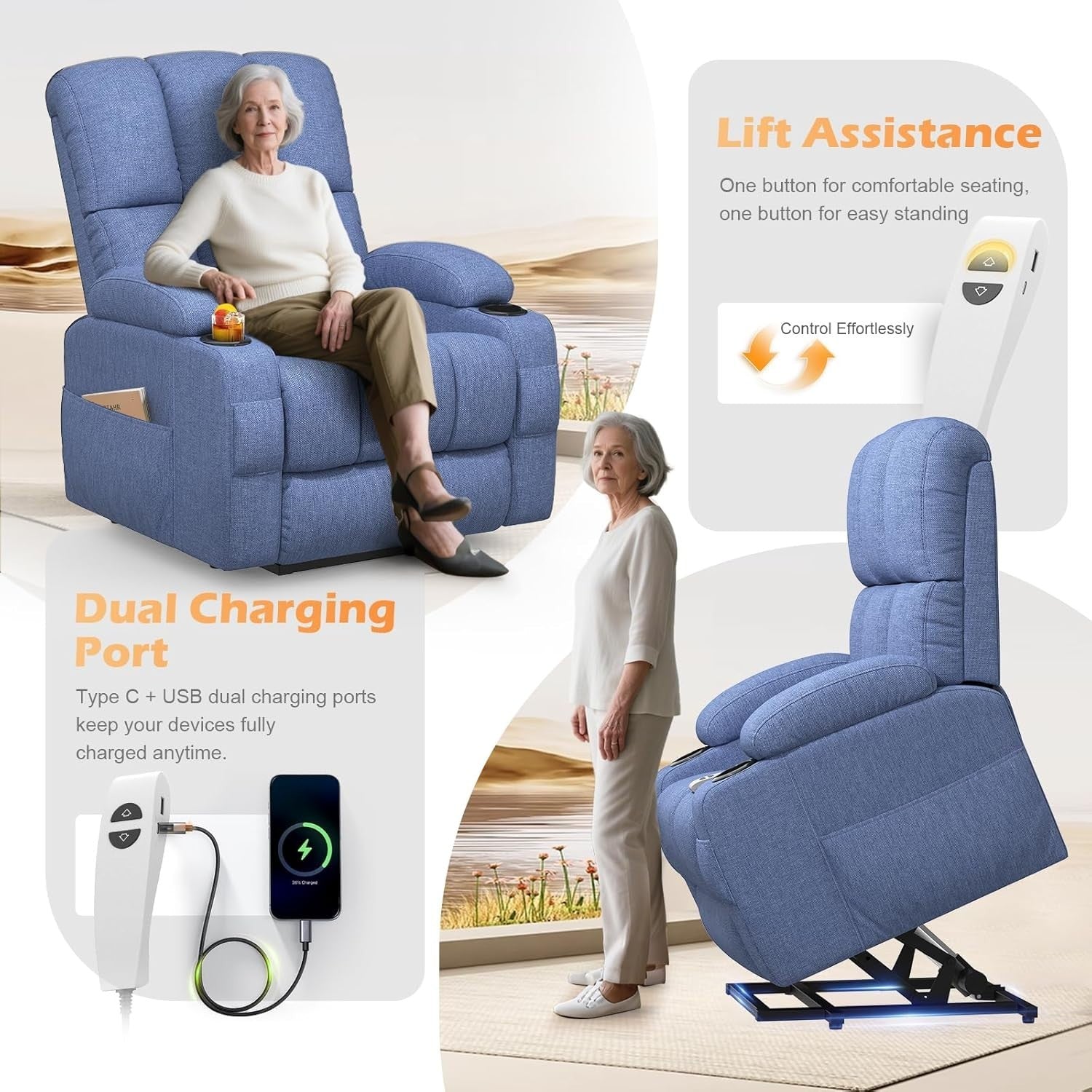 Blue Lift Recliner Chair Elderly Massage Heat USB Cup Holders Extended Footrest
