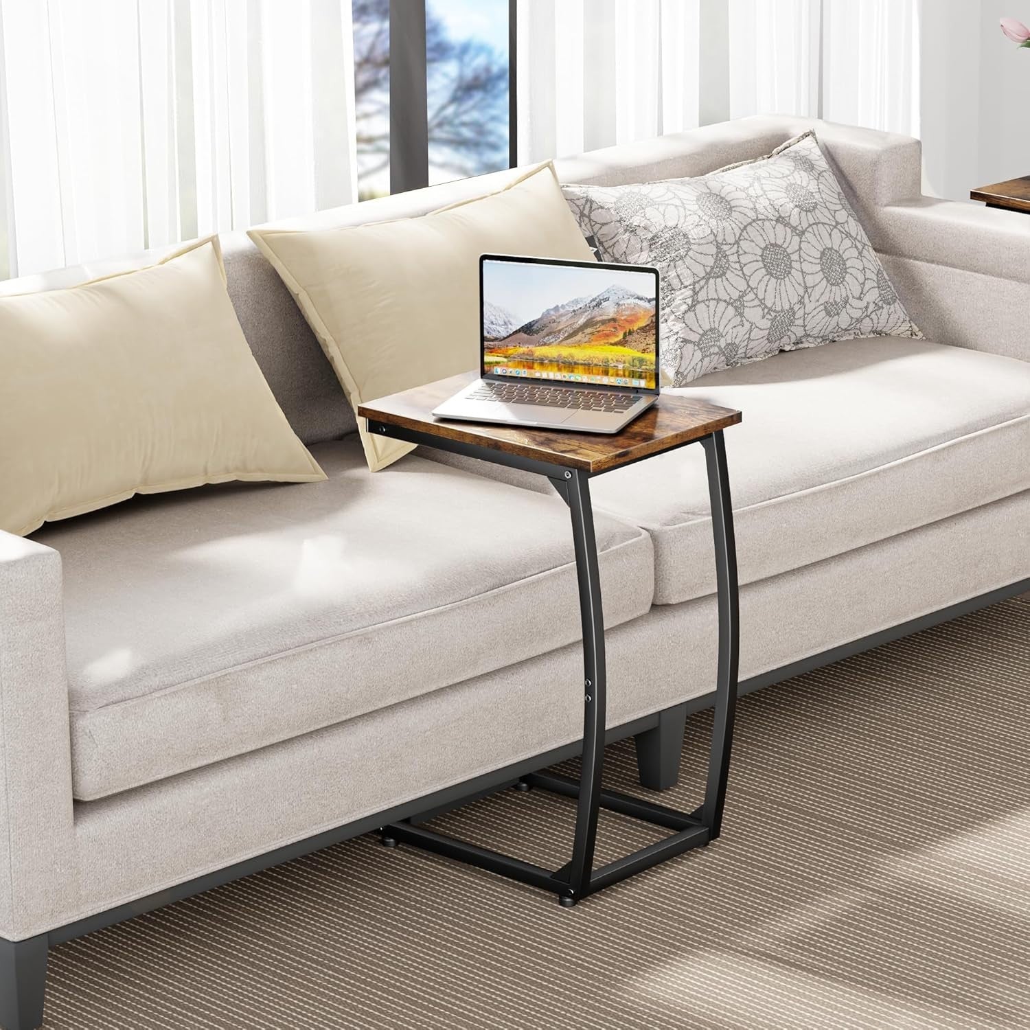 C Shape Brown Side Table Sofa Laptop Snack Stand Narrow TV Tray for Living Room