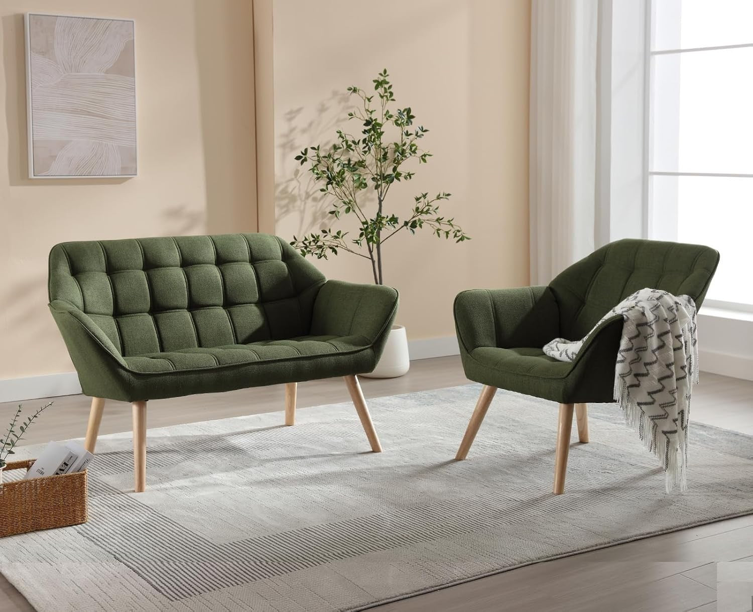 2x Green Linen Accent Armchairs Wing Back Wood Legs for Living Room Sofa