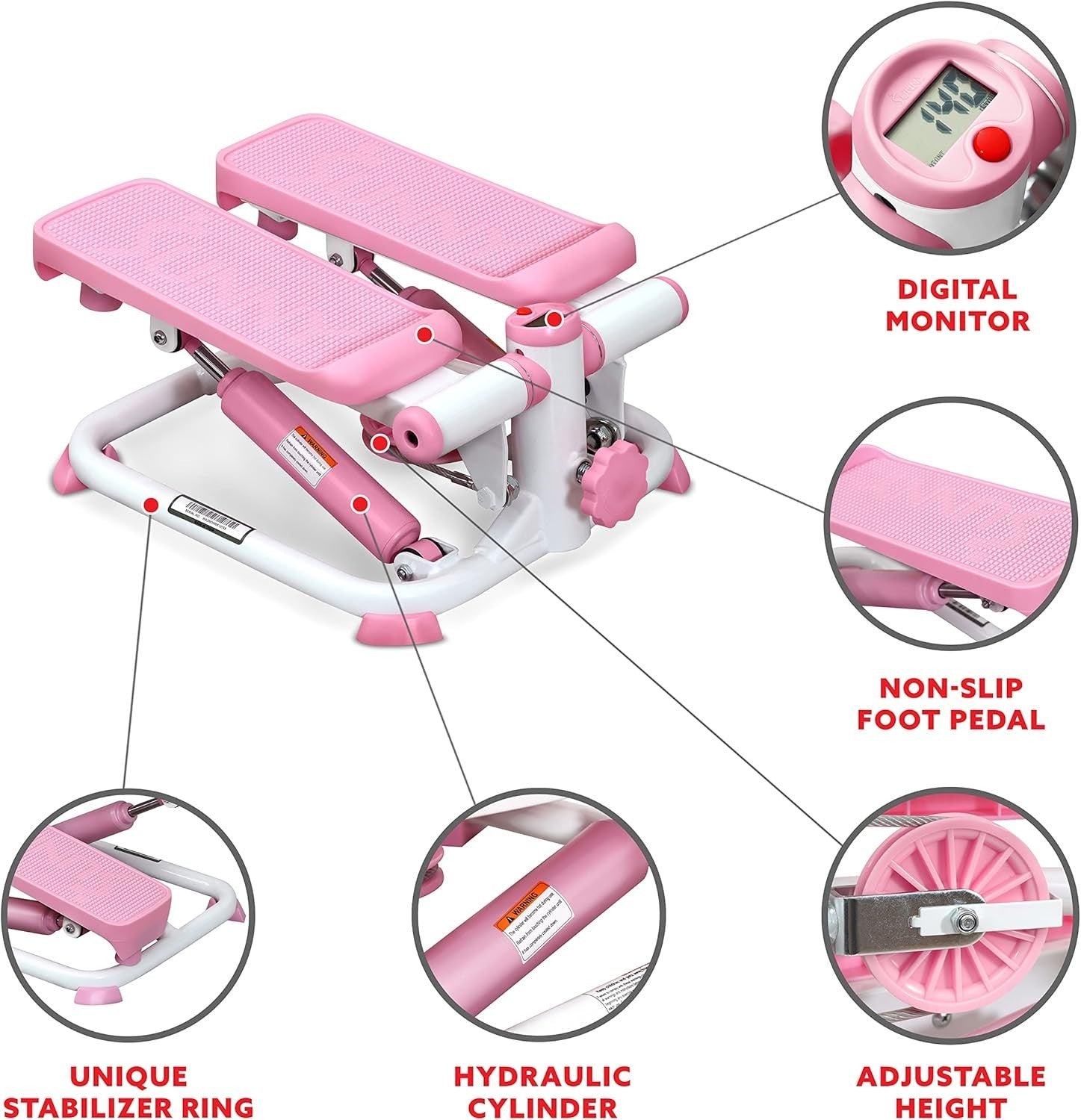 Pink Mini Stair Stepper for Home w/ LCD Monitor, Quiet Motion & Height Adjust