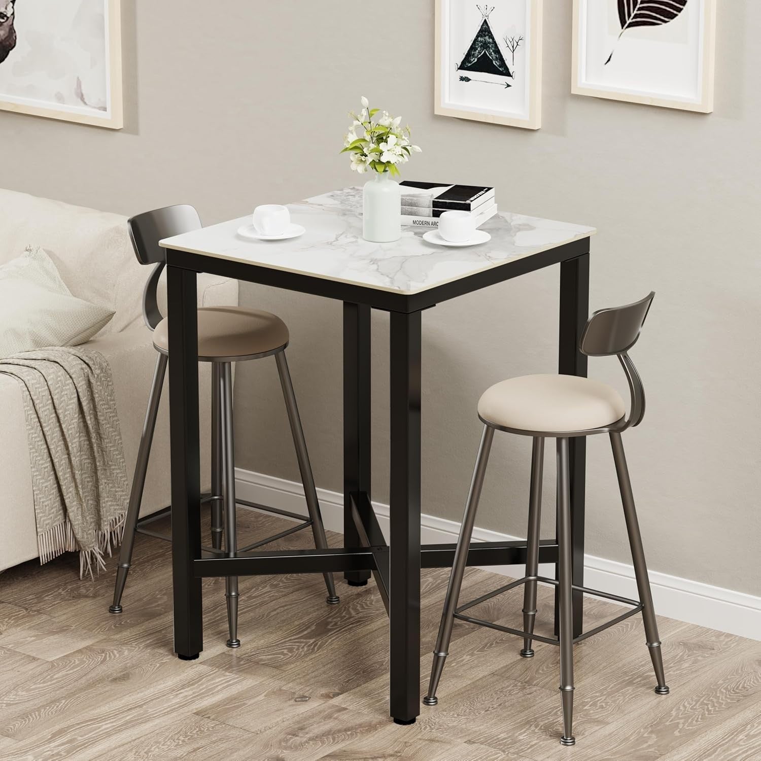 Cold Jadeite Sintered Stone Bar Table 70×70cm Textured Marble Effect 105cm High