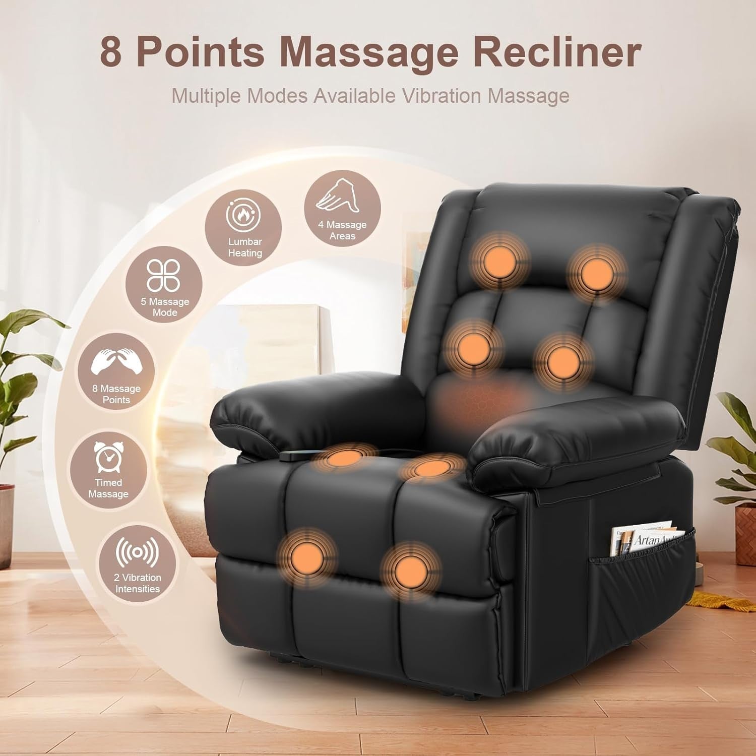 Manual Recliner Chair Massage Heat 135° Recline Footrest Dual Pockets Black