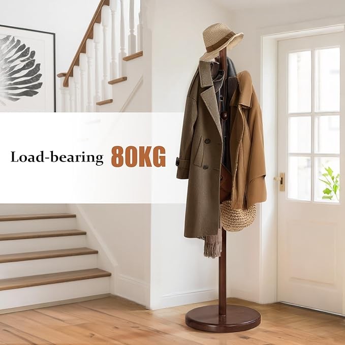 9-Hook Solid Wood Coat Rack 184cm Walnut Finish Freestanding Hall Stand