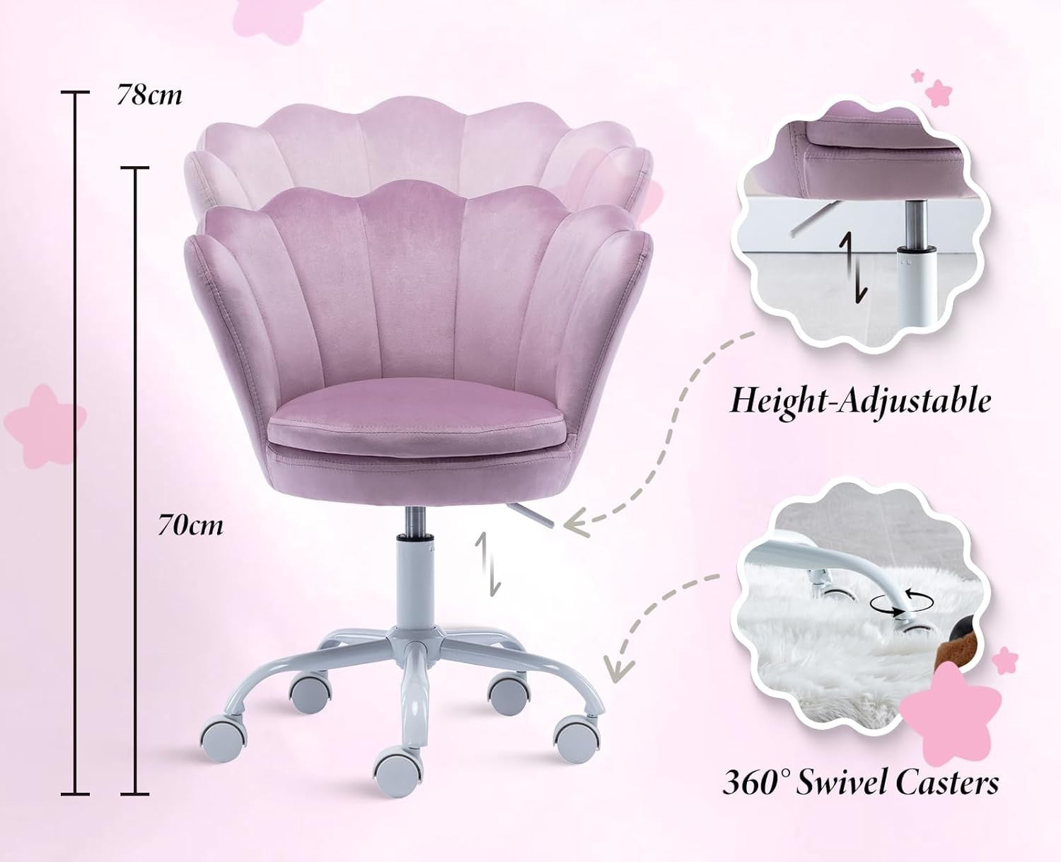 Kids Swivel Desk Chair Height Adjustable Velvet Upholstered Study Seat Purple