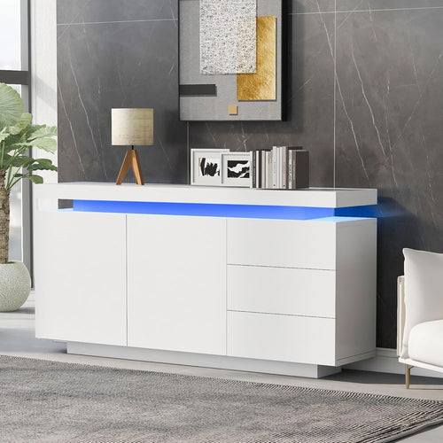 Modern White LED Sideboard Cabinet, 2 Doors, 3 Drawers, Handleless Storage