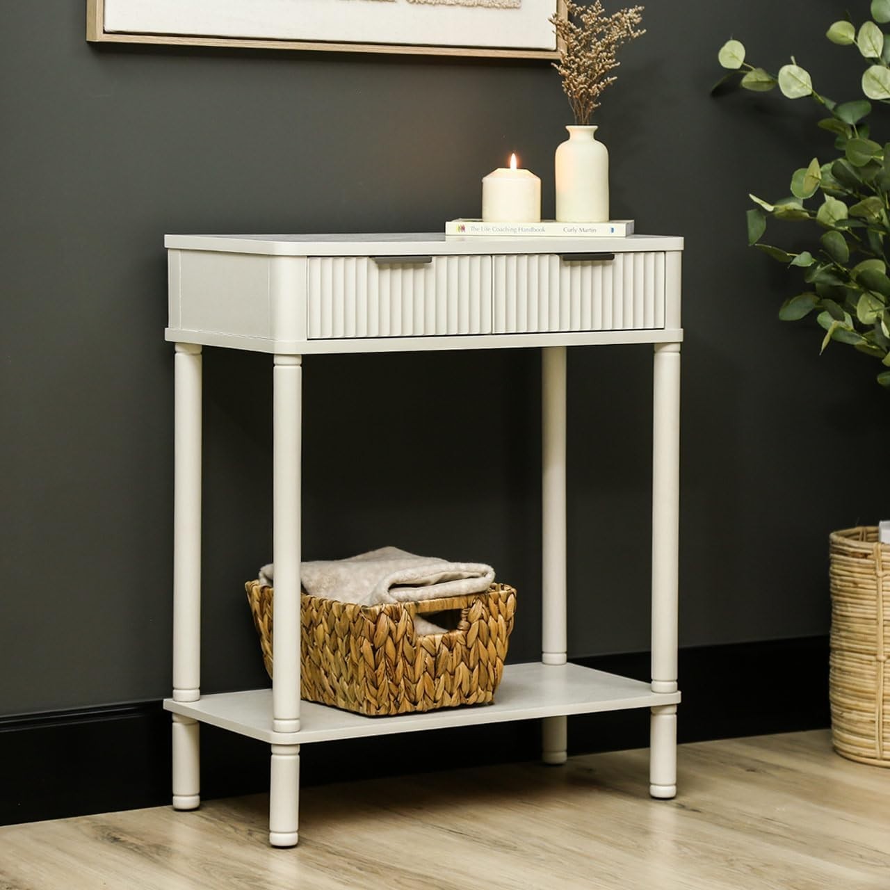 Slim White Console Table with 2 Drawers & Storage Shelf, 71H x 60W x 30D cm