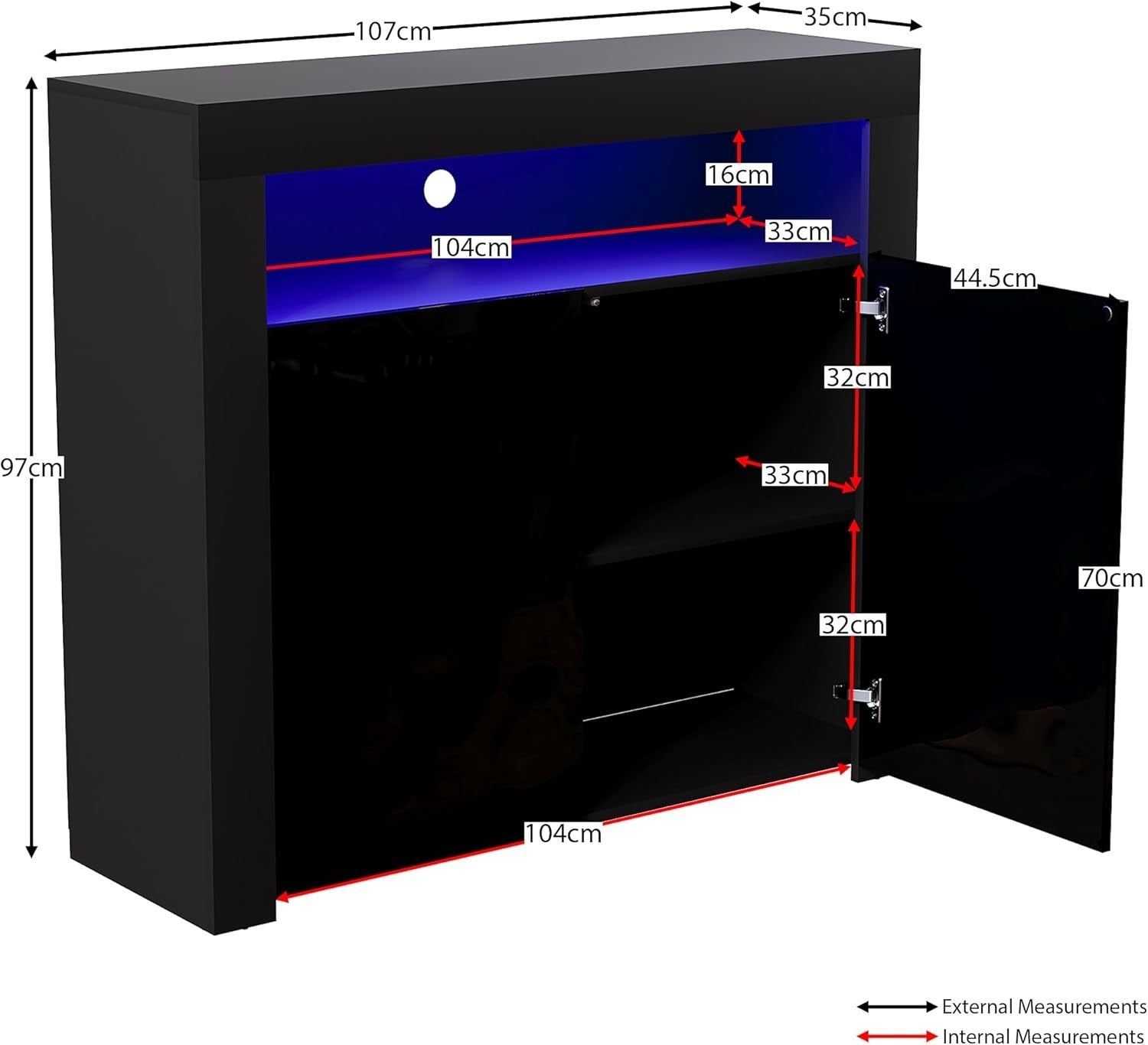 Modern Black LED Sideboard 2 Doors Magnetic Storage Cabinet RGB Lighting