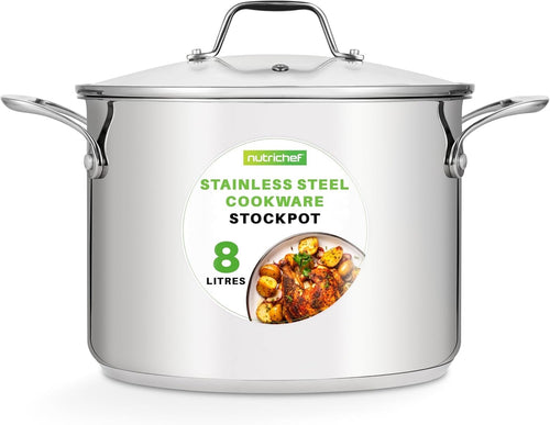 7.6L Stainless Steel Stock Pot with Glass Lid Induction Ready Heavy Duty Soup