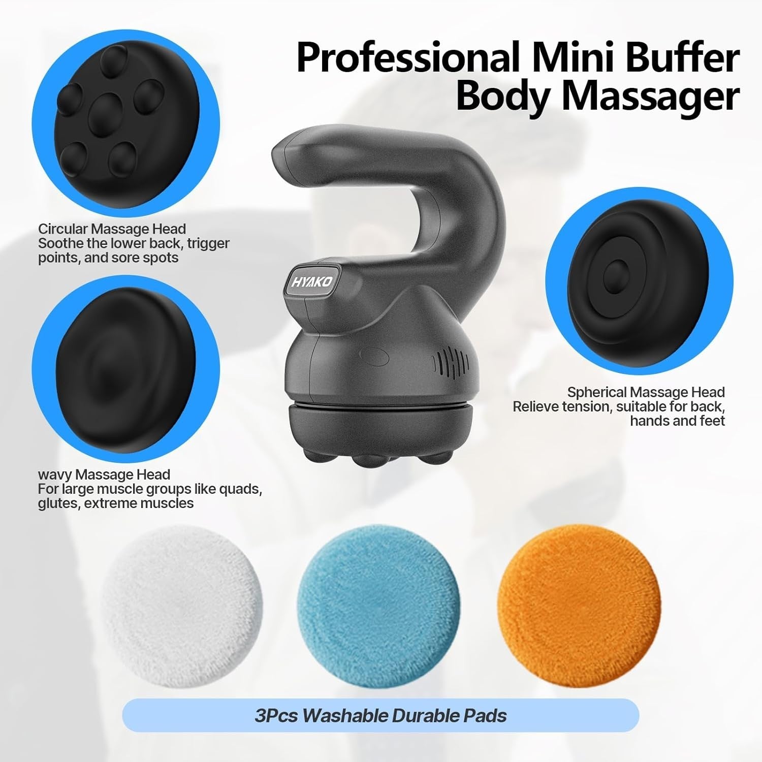 Deep Tissue Handheld Massager 3 Heads Multi-Speed for Neck Back Pain Relief