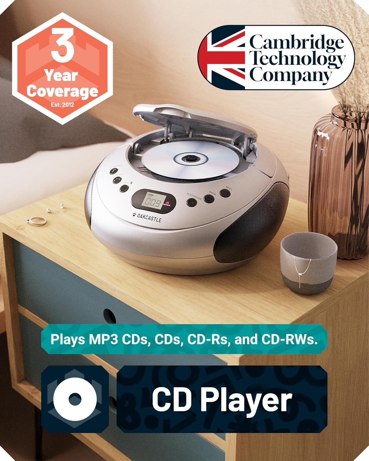 Portable Bluetooth CD Boombox FM Radio Stereo Player LED Display Silver