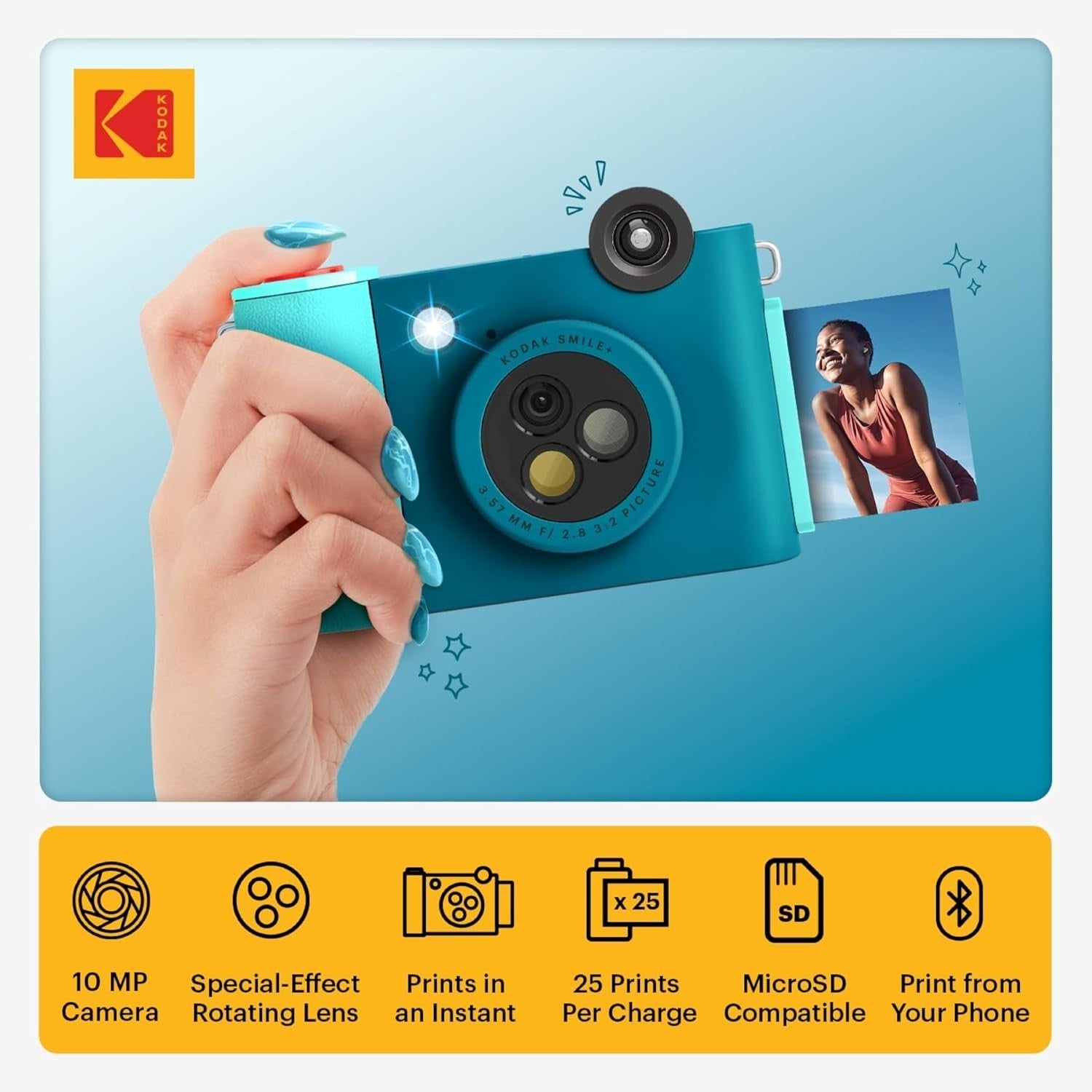 2-in-1 Digital Instant Camera Bluetooth Photo Printer 10MP Blue