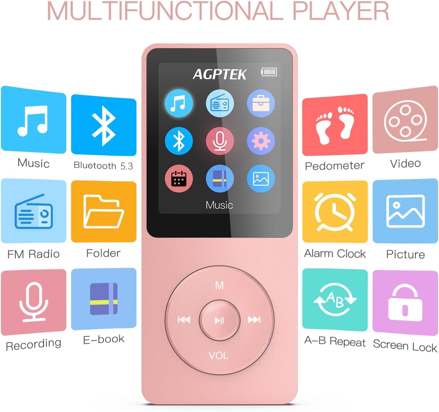 32GB MP3 Player Bluetooth 5.3 1.8" Screen Speaker FM Pink