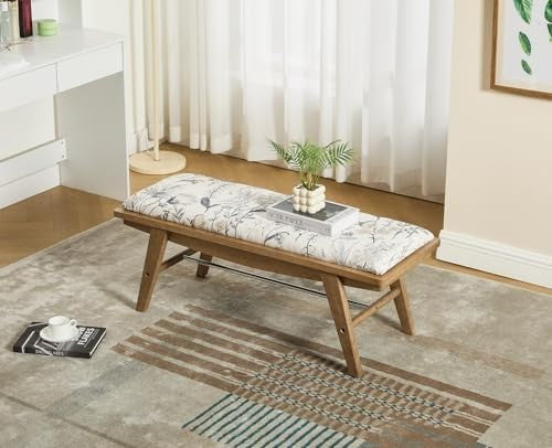 Upholstered End of Bed Bench with Solid Wood Frame, Beige Linen Seat