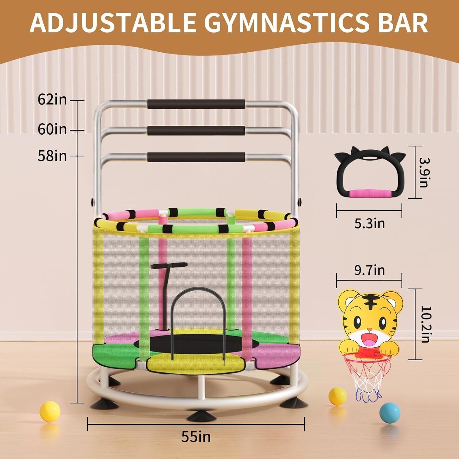 140cm Toddler Trampoline with Enclosure Gym Bar Toys Indoor Outdoor