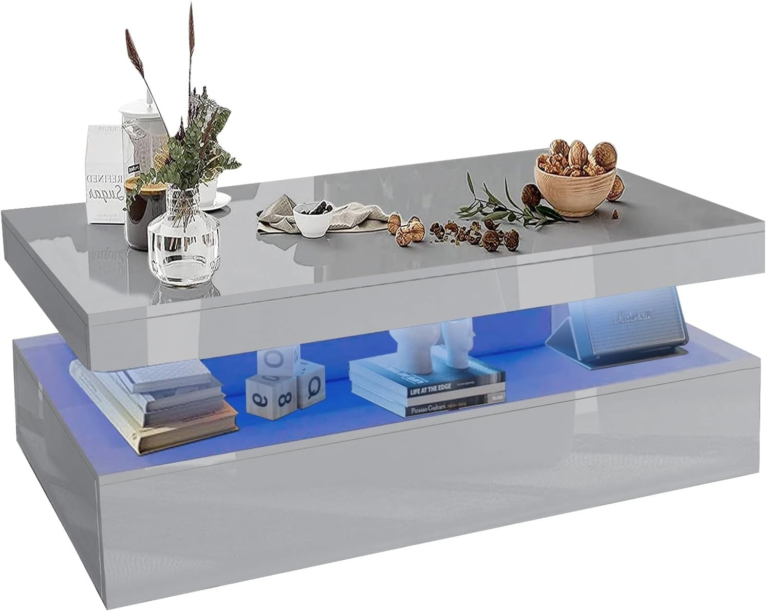 Grey High Gloss Coffee Table with LED Lights & 2 Drawers | 94cm Storage
