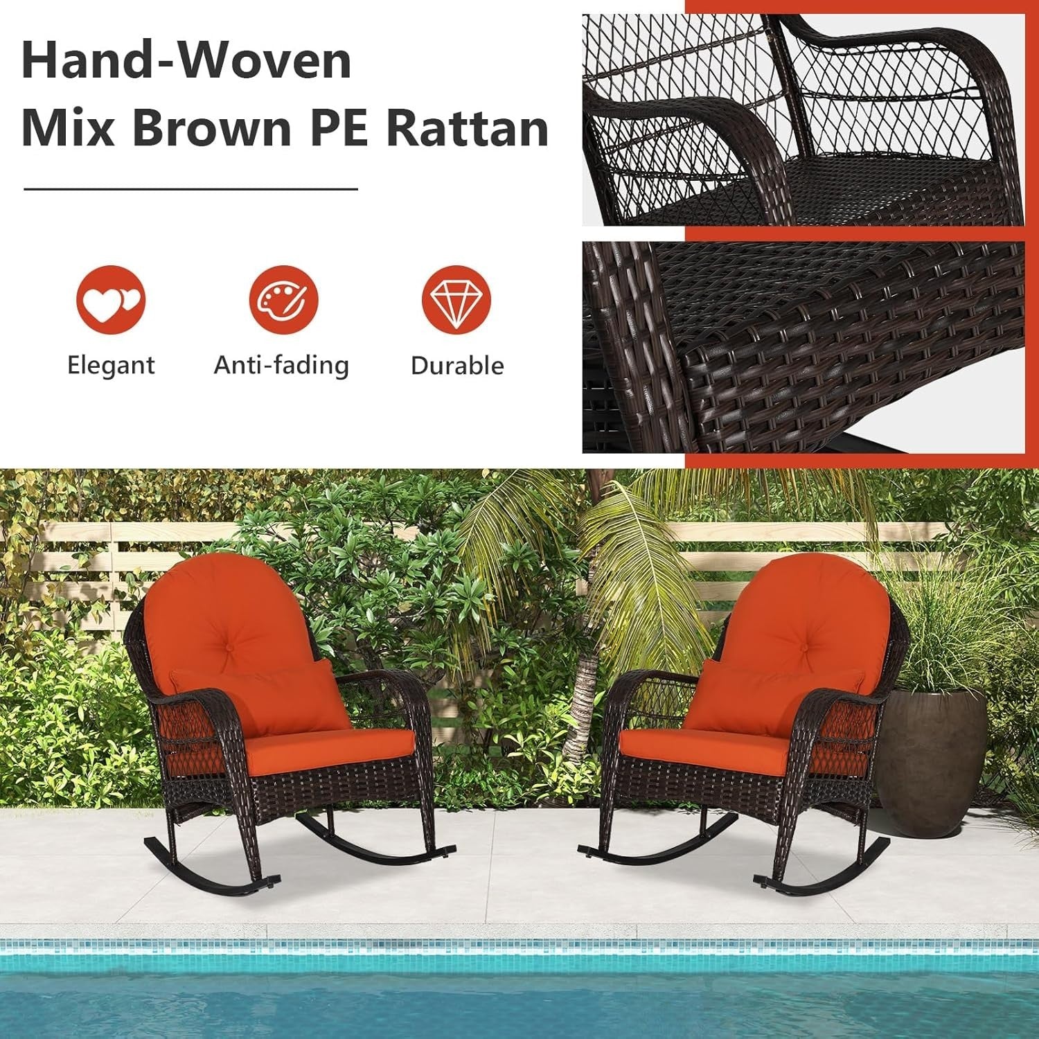Rattan Rocking Chair Outdoor Garden Patio Seat W/Cushion & Lumbar Pillow