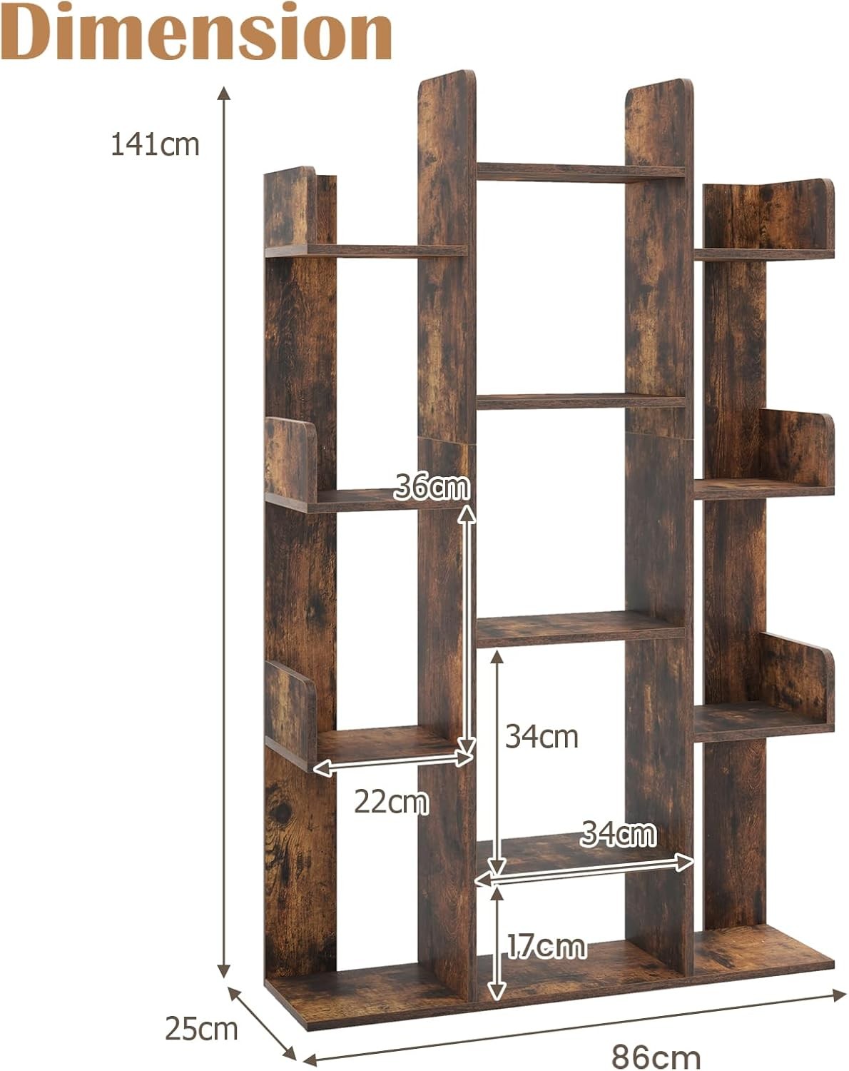 Tall Tree-Shaped Bookcase 13-Tier Wooden Shelf Unit Rustic Brown Storage Rack