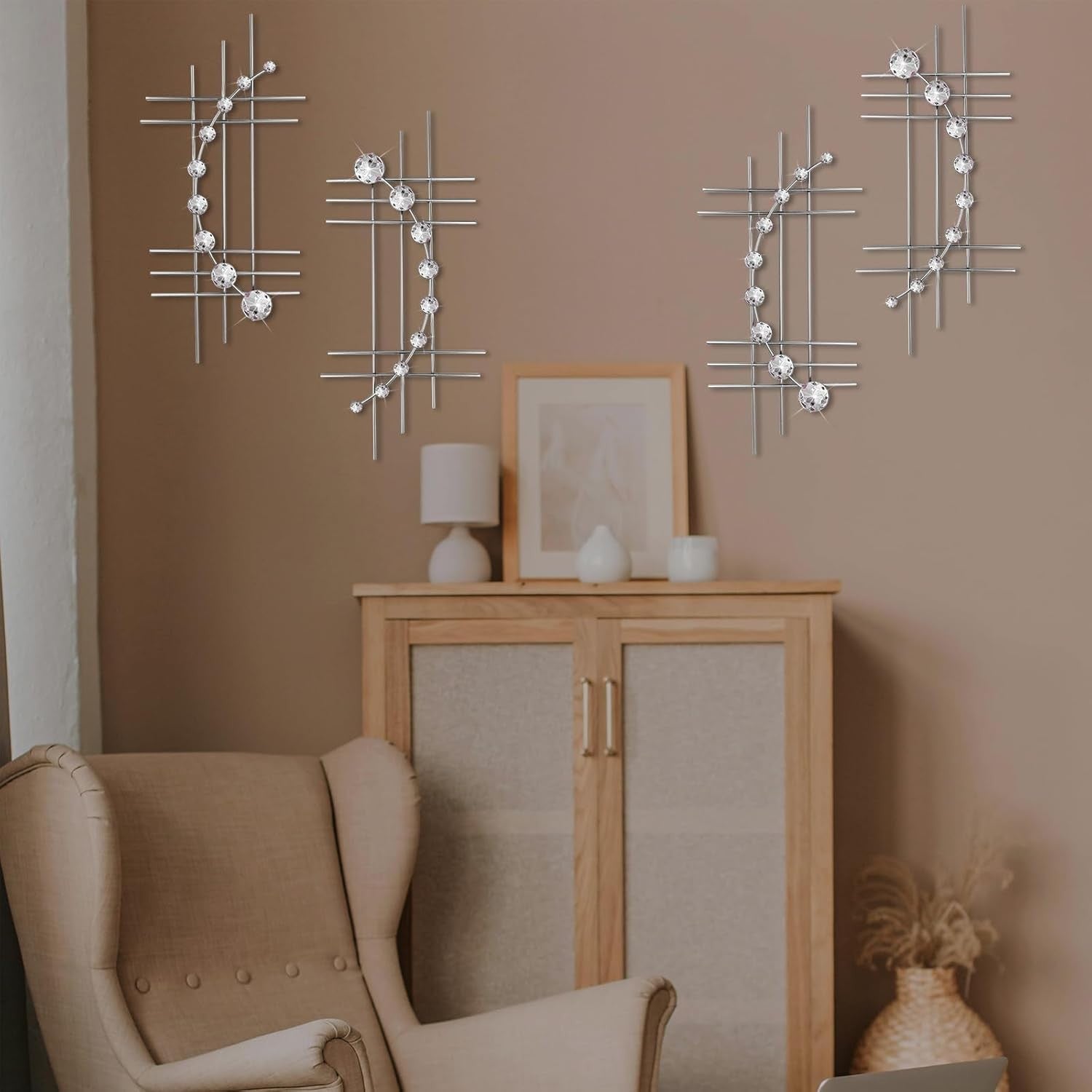 Silver Crystal Metal Wall Art Set of 4 24" Bling Decor