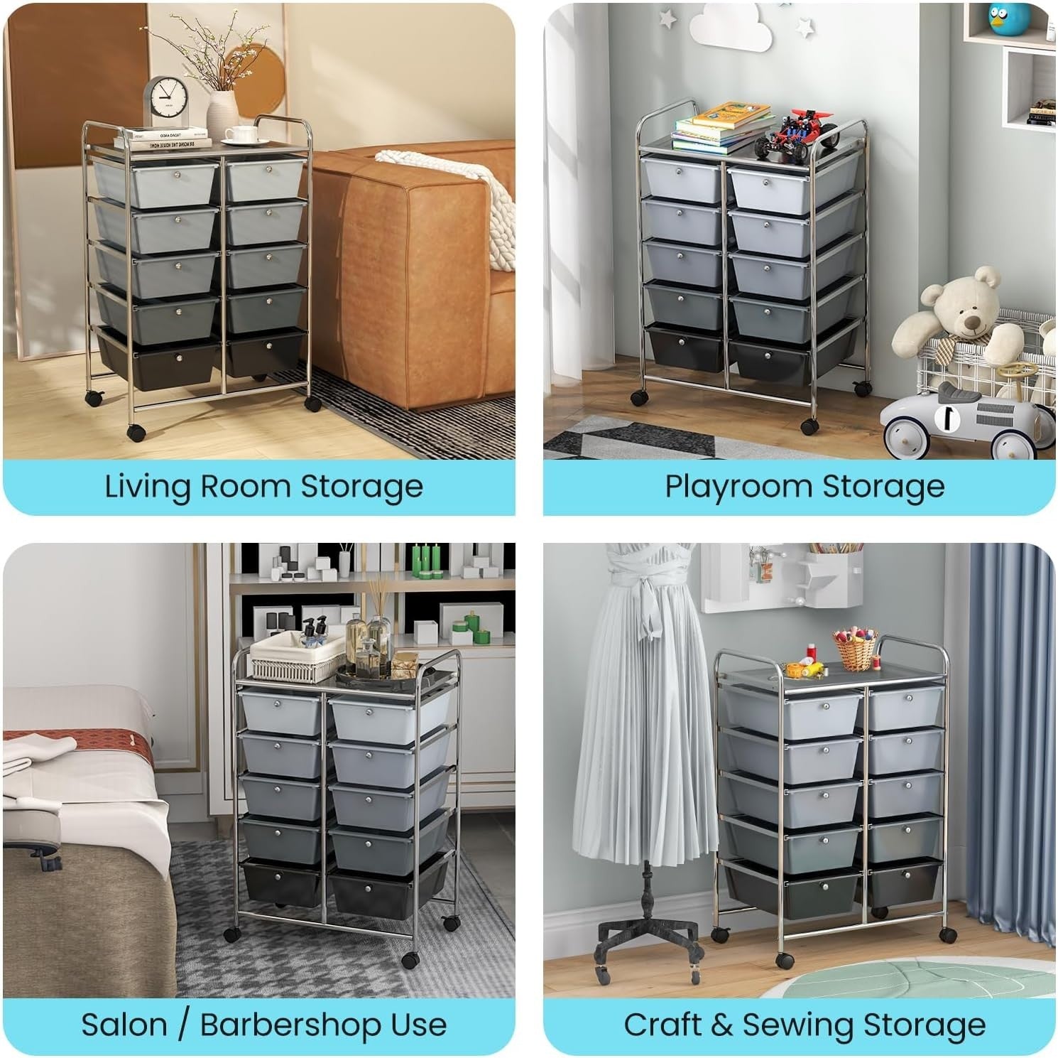 Gradient Black 10 Drawer Rolling Storage Trolley Office Beauty Organizer