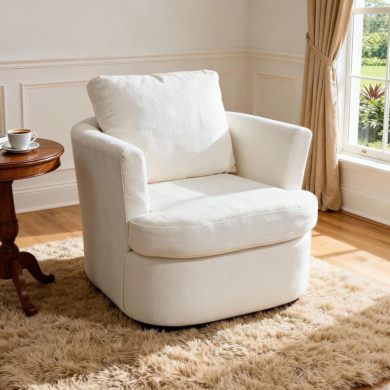 Swivel Tub Chair Accent Armchair with Pillow White Fabric
