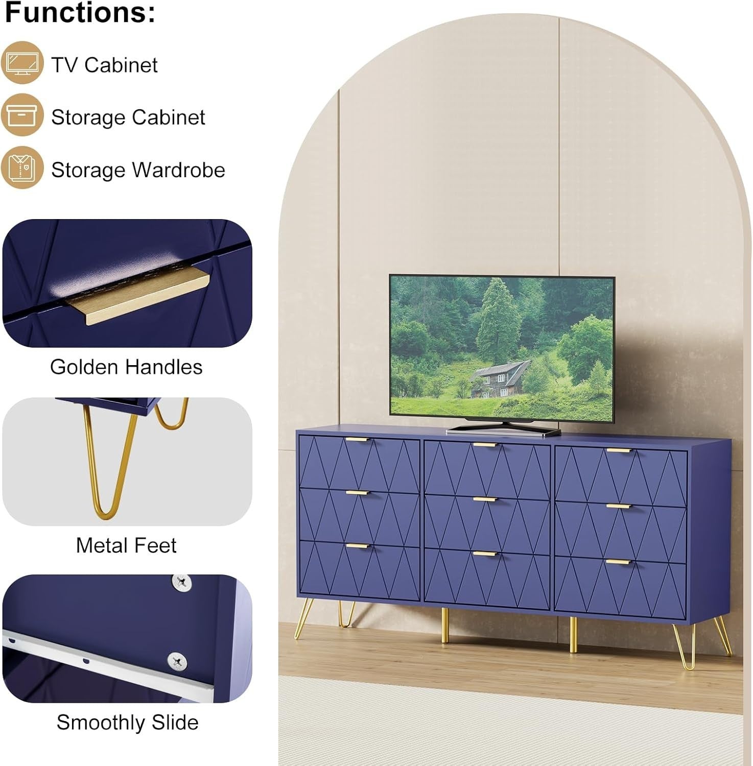 Navy Blue 9 Drawer Chest Wide Storage Cabinet Modern Dresser for Bedroom