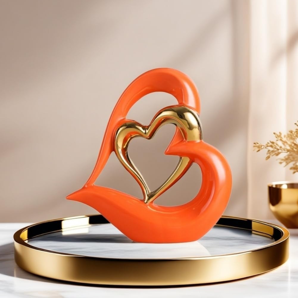 Modern Double Heart Ceramic Sculpture Ornament Gold Accent Home Decor Gift