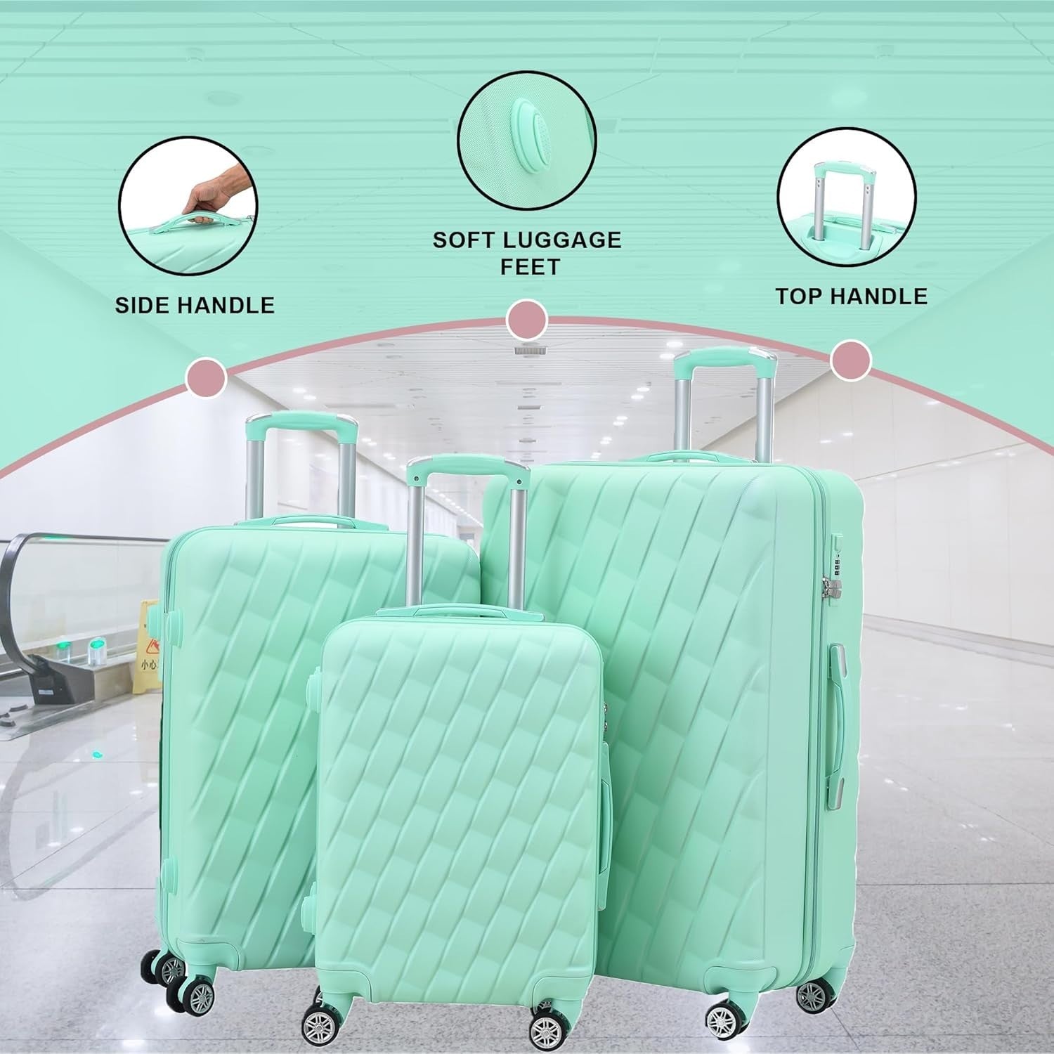 20 Inch Cabin Suitcase Hard Shell PC ABS 4 Dual Spinner Wheels Lock Green