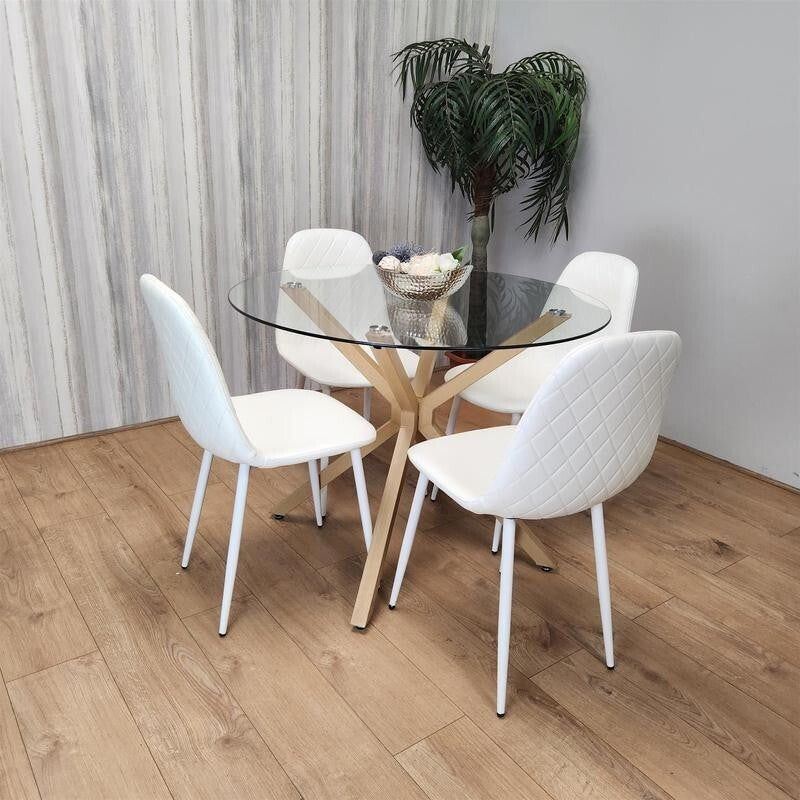 Round Glass Dining Table Set with 4 White Leather Chairs Oak Metal Legs