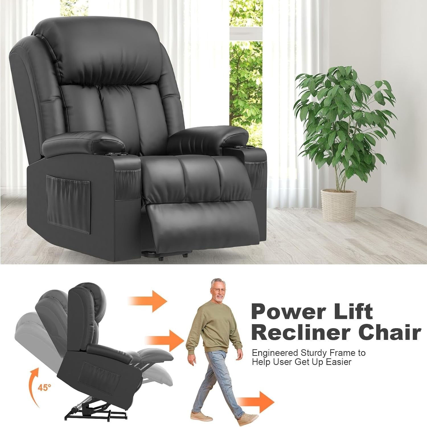 Power Lift Recliner Chair Massage Heat USB Ports Cup Holders Fabric Black