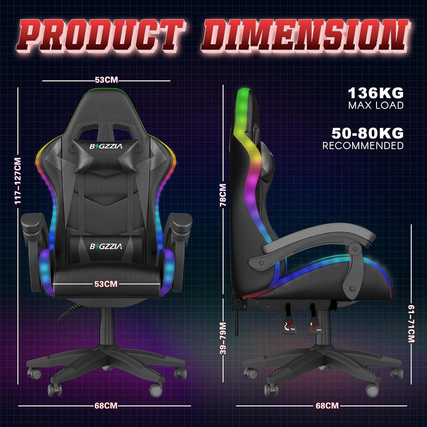 RGB Gaming Chair LED Lights Reclining PU Leather Swivel Black