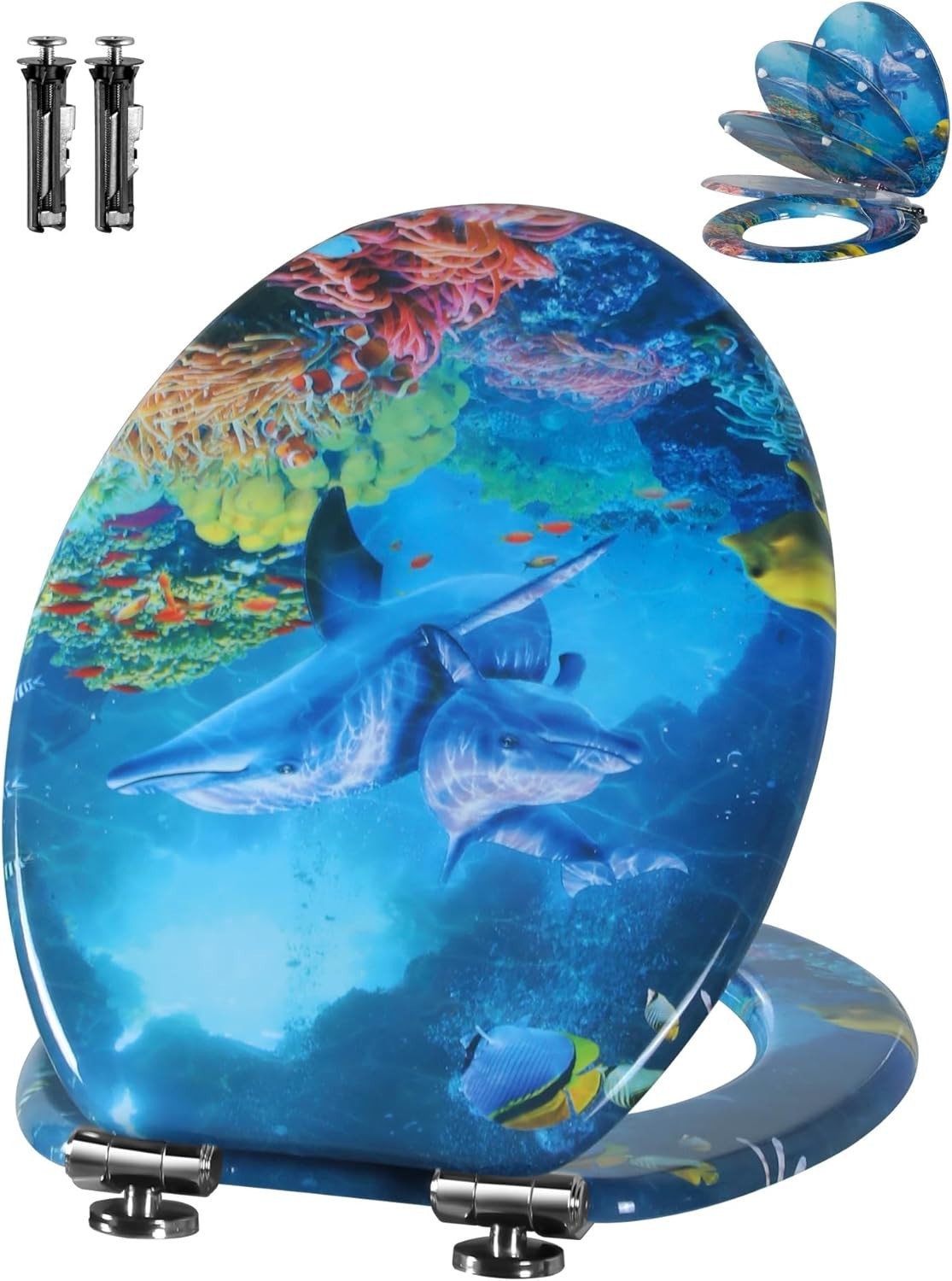 Wooden Toilet Seat O Shape Adjustable Top Fix Ocean Dolphin Family 45x37cm