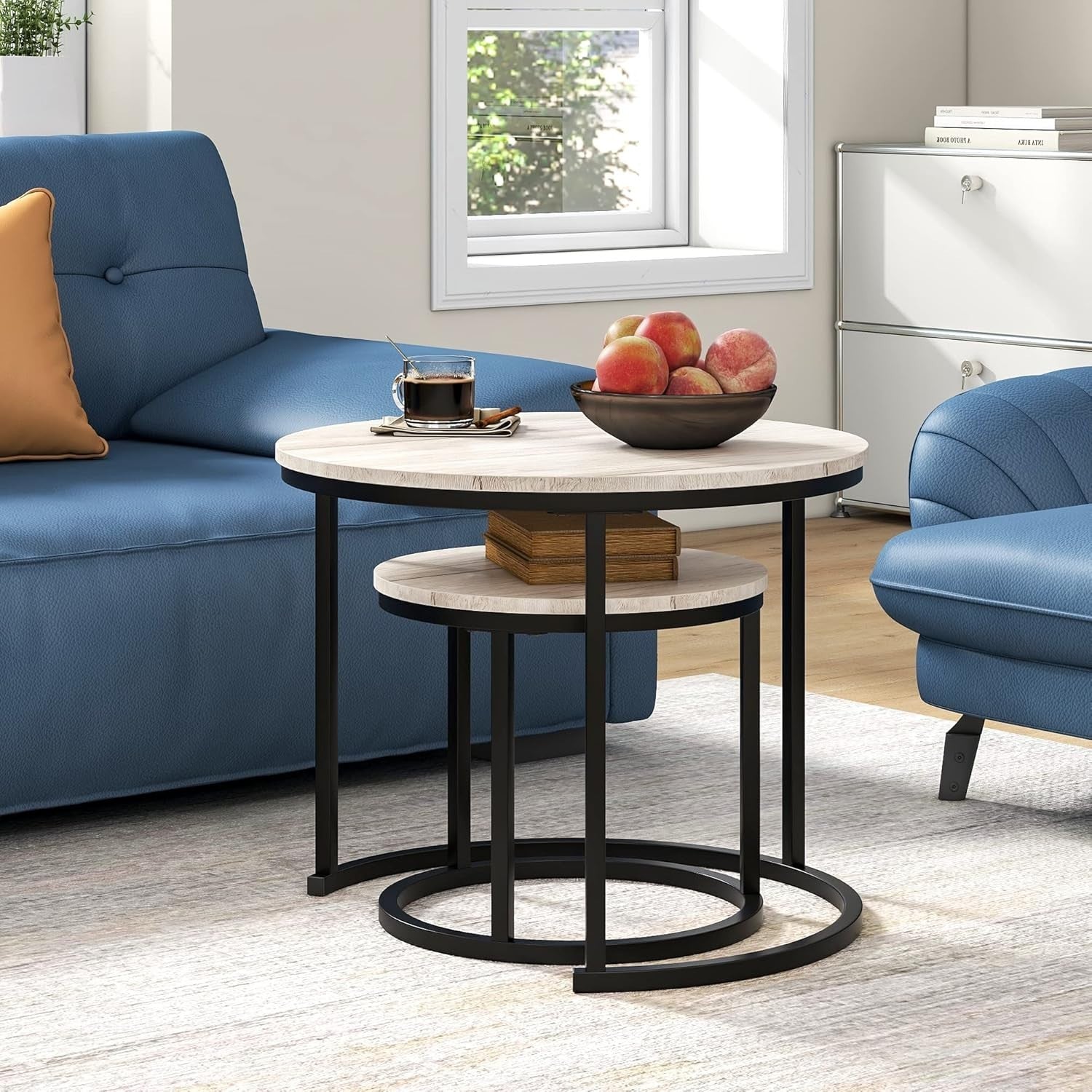 Nested Round Coffee Table Set of 2, Natural Oak Wood Finish, Space Saving Side E