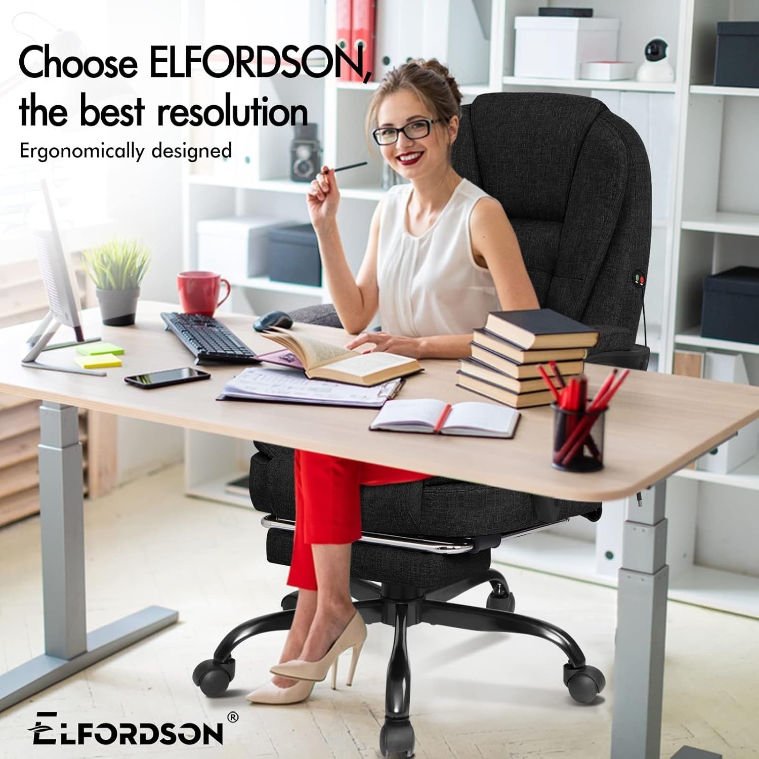 Executive Reclining Desk Chair 150° Massage Swivel Linen Ergonomic S-Curve