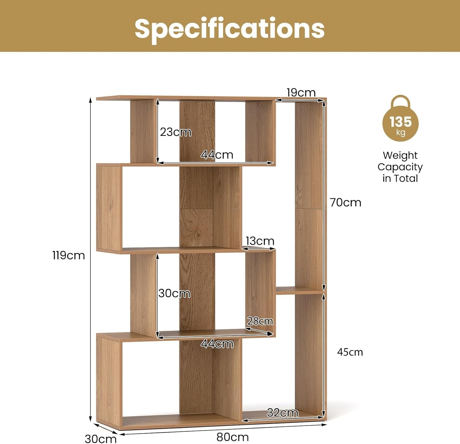 Modern 6-Cube S-Shape Bookcase Storage Unit with Anti-Tip Design – Natural Oak