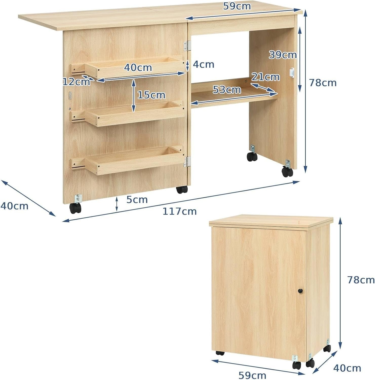 Folding Sewing Table 117cm Mobile Craft Desk with Shelves & Wheels Beige