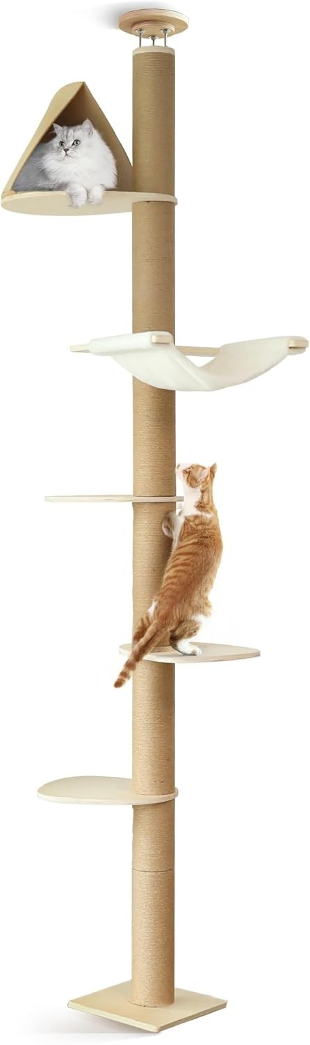 Floor to Ceiling Cat Tree Tower 6 Level Adjustable Scratching Post Hammock