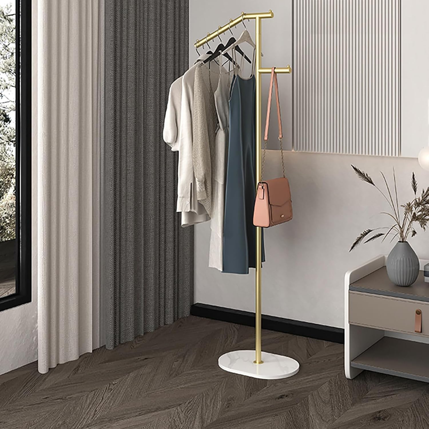 Luxury Gold White Metal Coat Rack 1.7m Marble Base Modern Clothes Stand