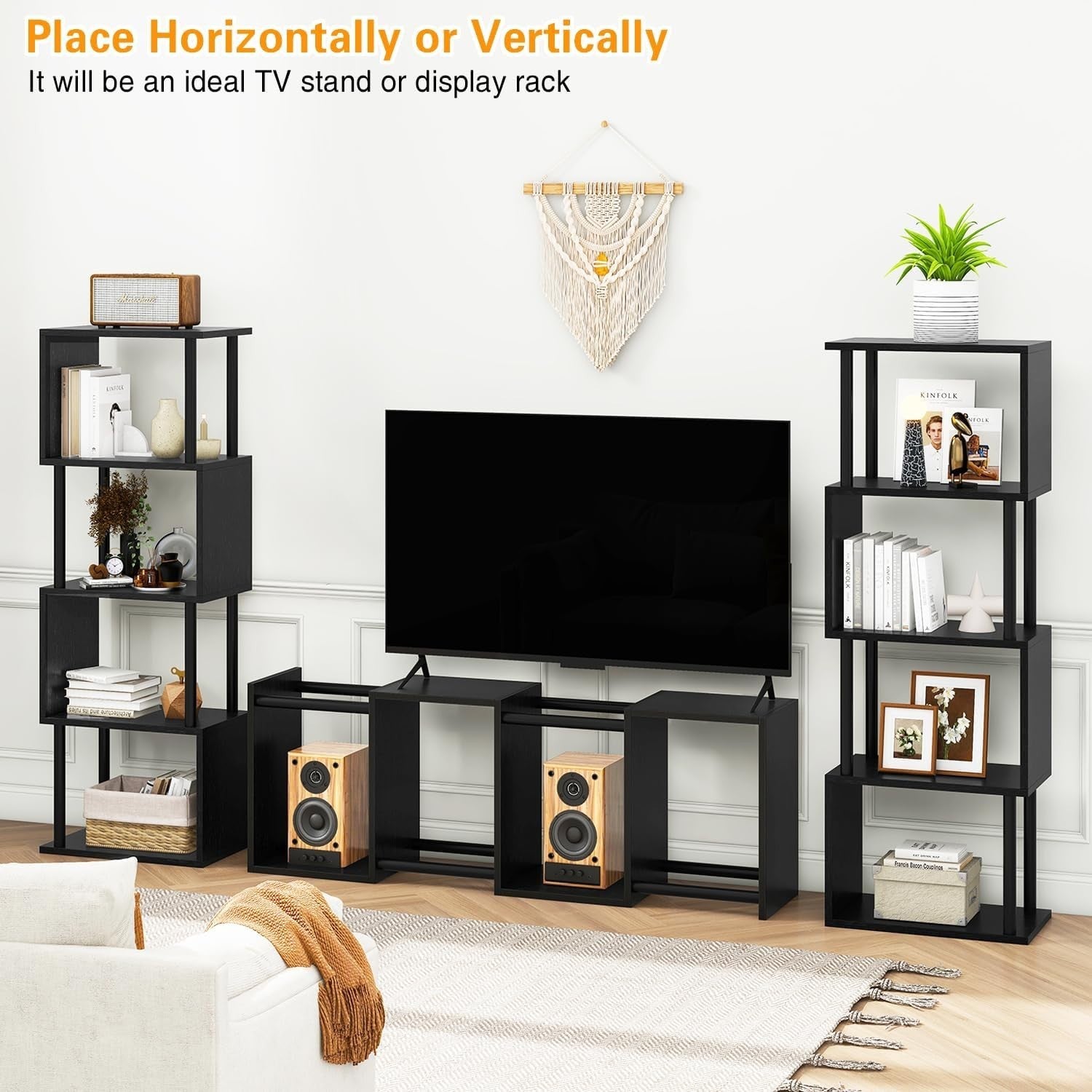 5 Tier S Shaped Bookcase Black Modern Wood Display Storage Shelf 155cm