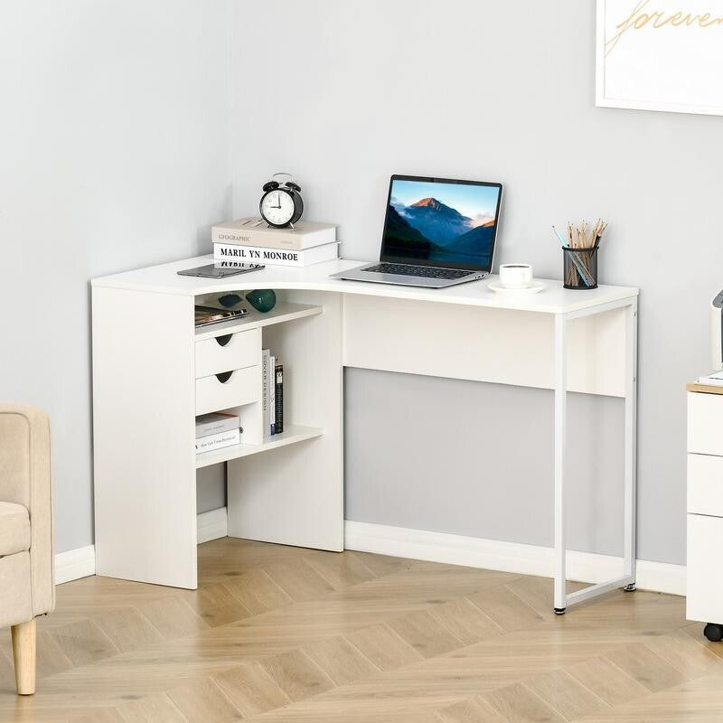 White L-Shaped Computer Desk with Drawers & Storage – Corner Office Table